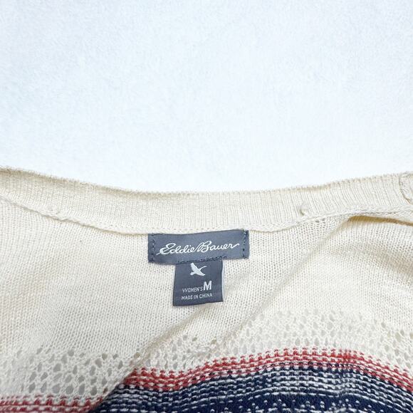 EDDIE BAUER Cream Red Blue Stripe Cotton Long Cardigan Boho Sweater sz Medium - Picture 6 of 7